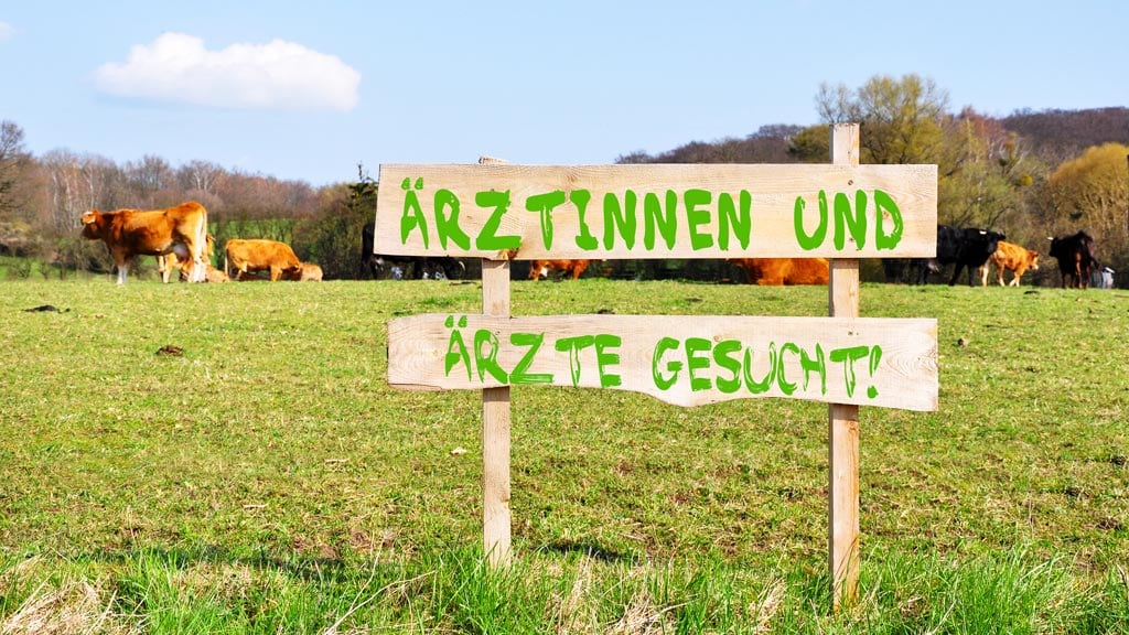 "Ärztinnen und Ärzte gesucht" steht auf einem Schild auf einer Kuhweide